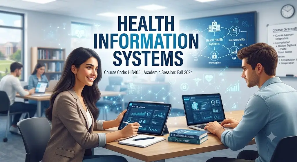 Modern educational image for Health Information Systems course with healthcare data and digital system visuals