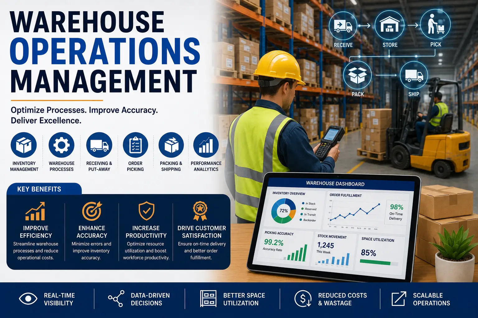 Professional Warehouse Operations Management course image featuring inventory control, order fulfillment, warehouse processes, and logistics operations