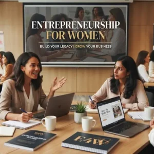 Modern educational image for Entrepreneurship for Women course with empowerment and business leadership visuals