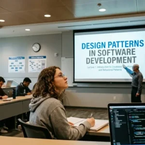 Modern educational image for Design Patterns in Software Development course with coding and system design visuals