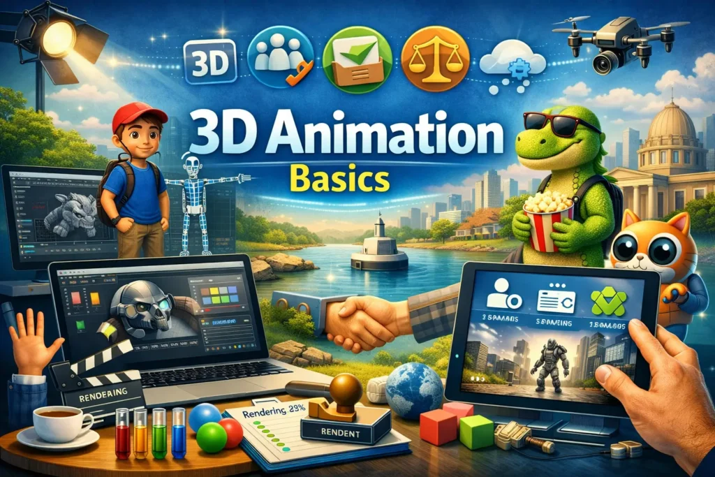 Educational banner for 3D Animation Basics course showing 3D characters and animation tools