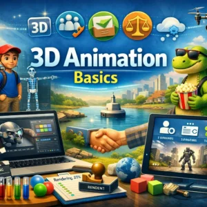 Educational banner for 3D Animation Basics course showing 3D characters and animation tools