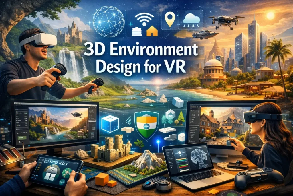 3D Environment Design for VR course image with virtual reality and 3D modeling visuals