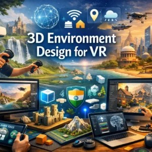 3D Environment Design for VR course image with virtual reality and 3D modeling visuals