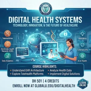 Modern educational image for Digital Health Systems course with healthcare technology and digital integration visuals