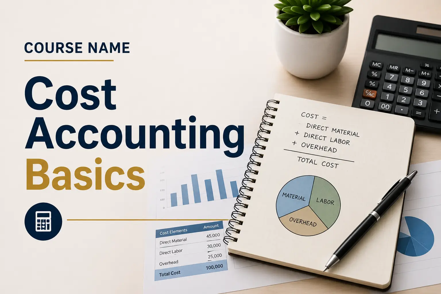 High-quality educational course image showing Cost Accounting Basics with accounting and cost management visuals.