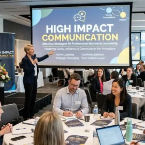 Modern educational image for High Impact Communication course with clarity and persuasion visuals