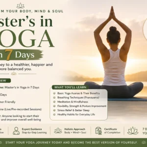 Person practicing yoga at sunrise with course details about learning yoga in 7 days.