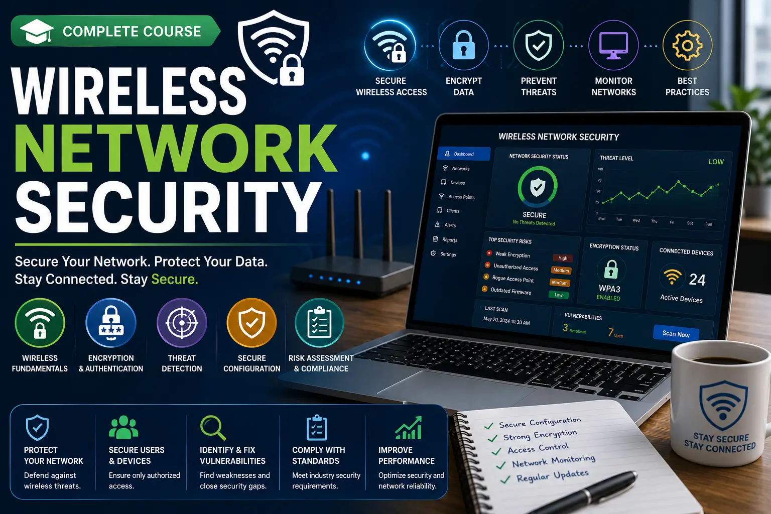 Wireless Network Security course covering encryption, authentication, and threat protection.