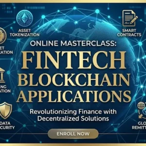 High-quality educational course image for FinTech Blockchain Applications with finance and blockchain visuals.