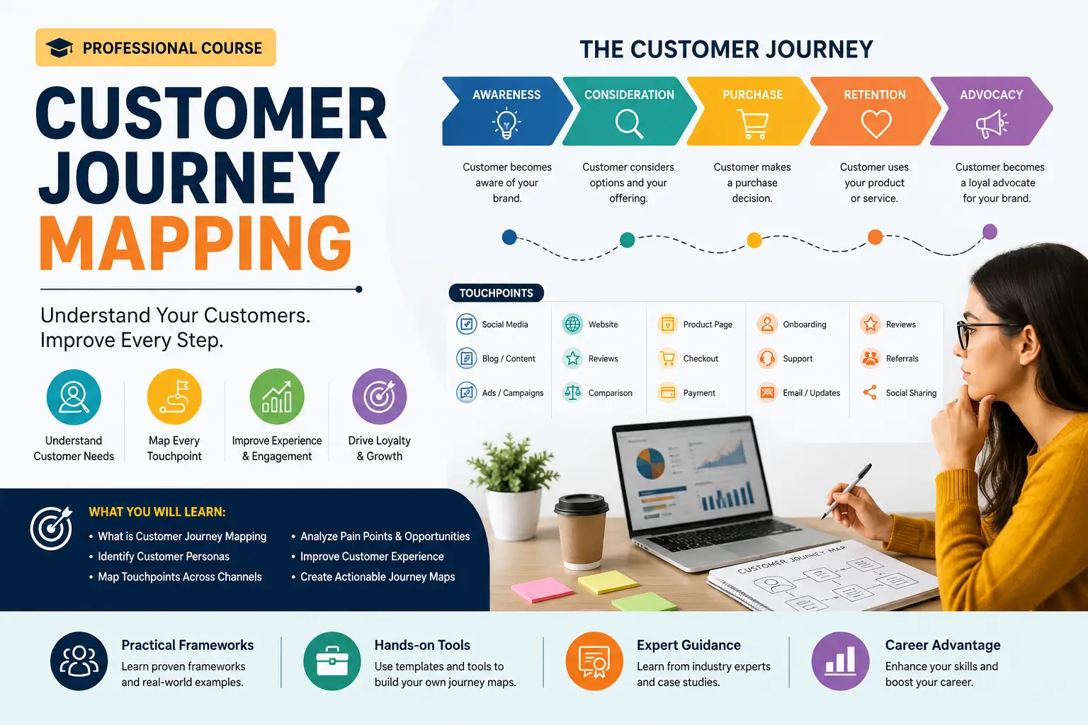 Customer journey mapping process with key customer experience stages.