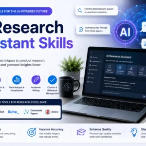 Modern educational image for AI Research Assistant Skills course with artificial intelligence and research workflow visuals