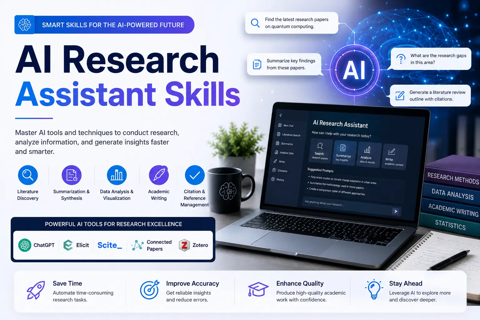 Modern educational image for AI Research Assistant Skills course with artificial intelligence and research workflow visuals