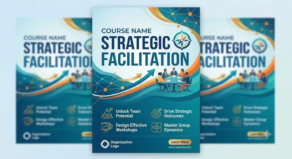 Modern educational image for Strategic Facilitation course with collaboration and facilitation visuals