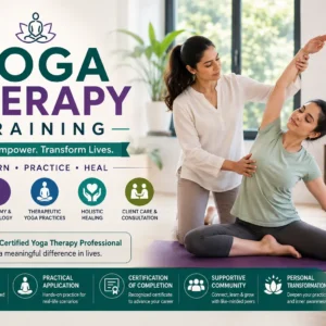 Professional e-learning image showing Yoga Therapy Training poses and wellness visuals
