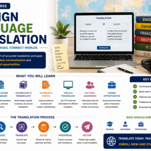 Student practicing foreign language translation and multilingual communication skills