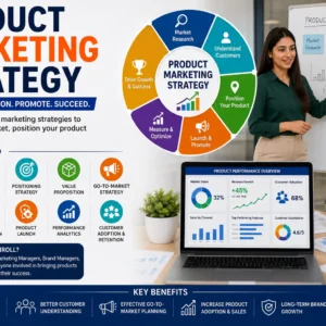Professional Product Marketing Strategy course image featuring market research, product positioning, customer targeting, branding, and marketing analytics.