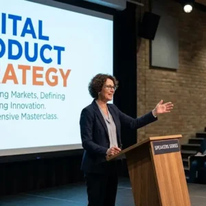 Modern educational image for Digital Product Strategy course with product innovation and strategy visuals