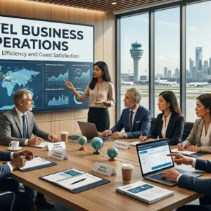 Modern educational image for Travel Business Operations course with travel agency and tourism management visuals