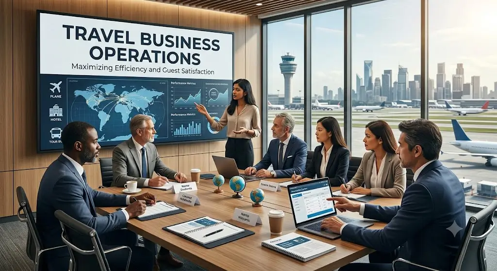 Modern educational image for Travel Business Operations course with travel agency and tourism management visuals