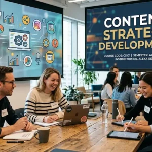 Modern educational image for Content Strategy Development course with planning and digital communication visuals