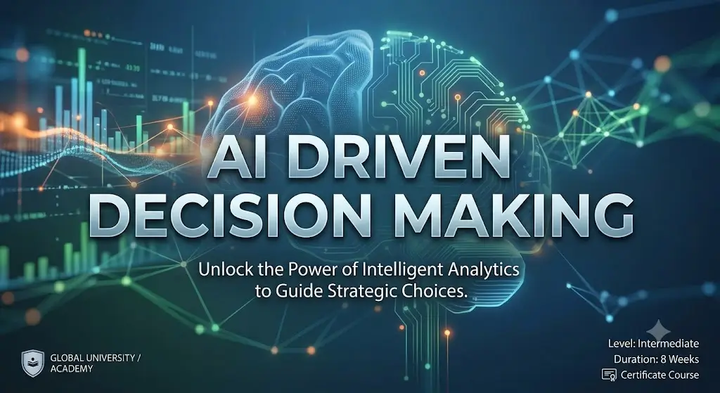 Modern educational image for AI Driven Decision Making course with analytics and predictive modeling visuals