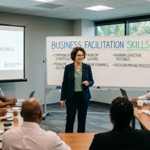 Modern educational image for Business Facilitation Skills course with collaboration and facilitation visuals