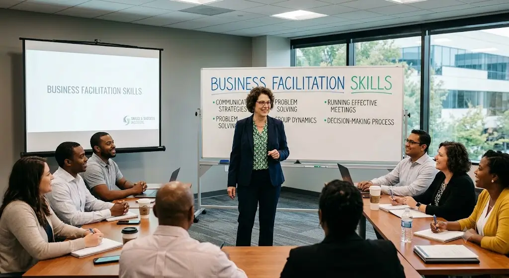 Modern educational image for Business Facilitation Skills course with collaboration and facilitation visuals