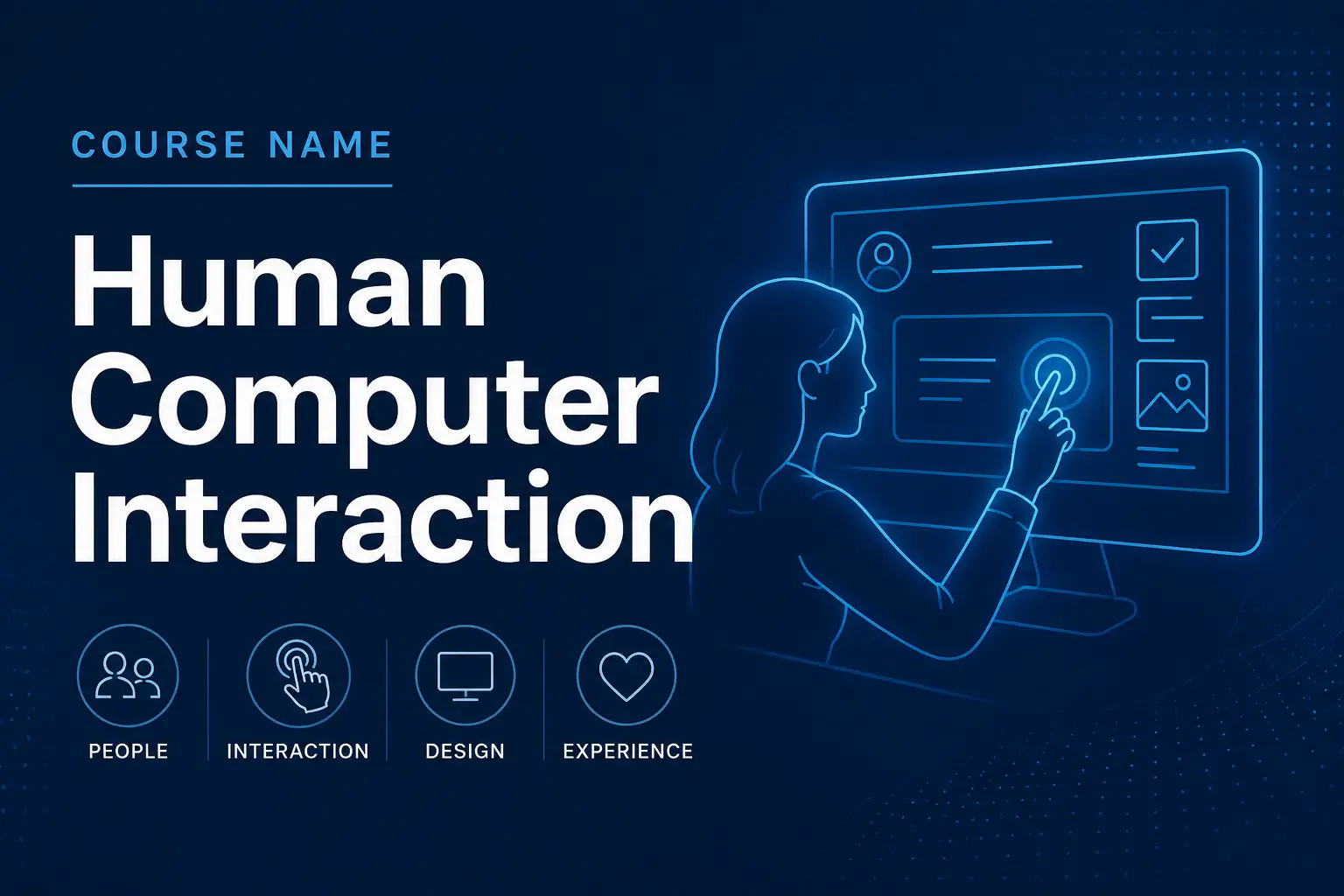 Modern educational image for Human Computer Interaction course with usability and interface design visuals