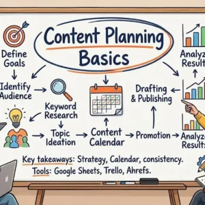 Modern educational image for Content Planning Basics course with editorial calendar and workflow visuals