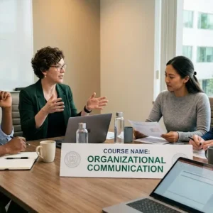 Modern educational image for Organizational Communication course with collaboration and communication visuals