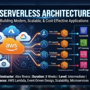 Modern educational image for Serverless Architecture course with cloud computing and code execution visuals