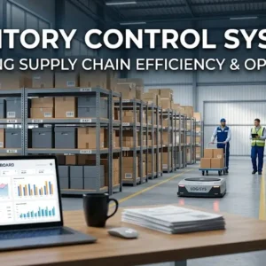 Modern educational image for Inventory Control Systems course with warehouse and stock management visuals