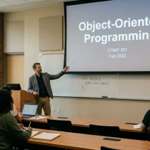 Modern educational image for Object Oriented Programming course with coding and class structure visuals
