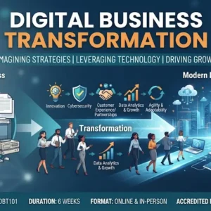 Modern educational image for Digital Business Transformation course with innovation and digital strategy visuals