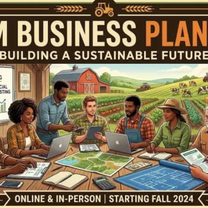 Modern educational image for Farm Business Planning course with agriculture and financial planning visuals
