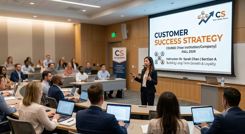 Modern educational image for Customer Success Strategy course with customer-centric success visuals