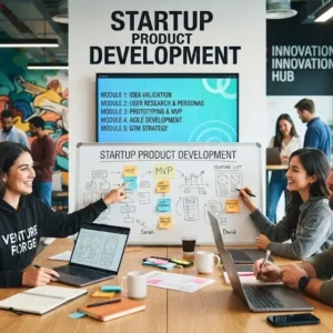 Modern educational image for Startup Product Development course with innovation and prototyping visuals
