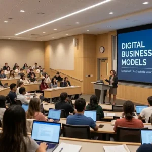 Modern educational image for Digital Business Models course with platform strategy and digital transformation visuals
