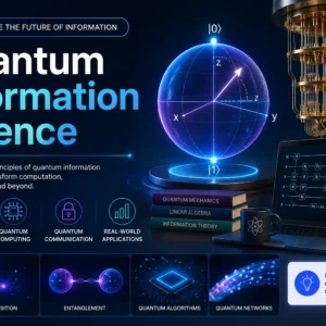 Modern educational image for Quantum Information Science course with quantum computing and information theory visuals