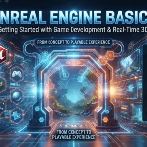 Modern educational image for Unreal Engine Basics course with 3D game development visuals