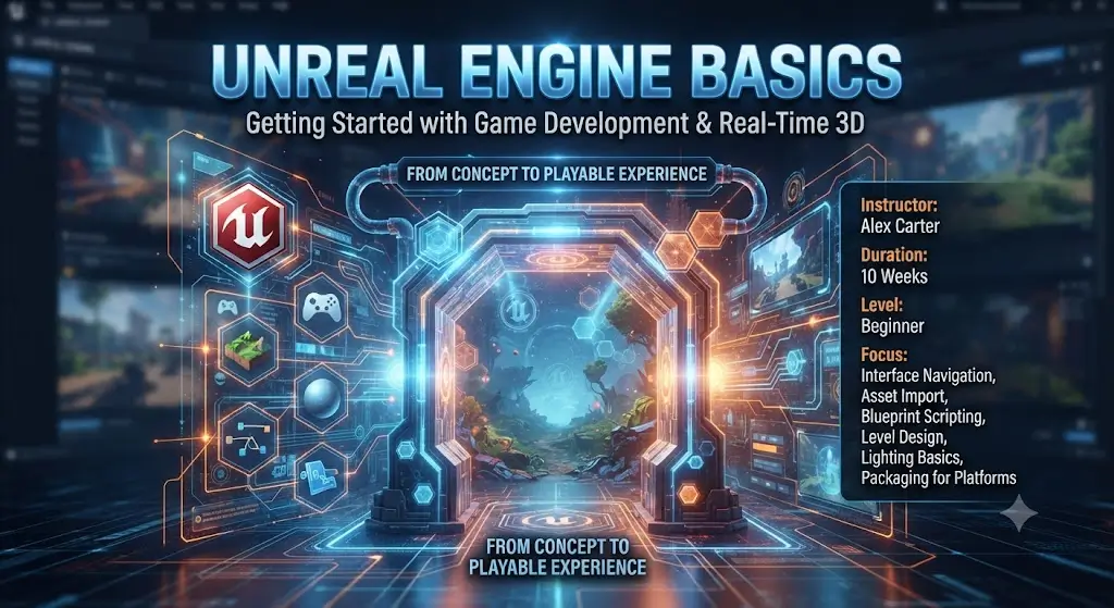 Modern educational image for Unreal Engine Basics course with 3D game development visuals