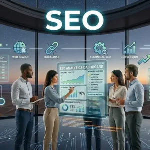 Marketing professionals analyze keyword research data and technical checklists in the comprehensive SEO e-learning course.