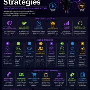 High-quality educational course image for Podcast Monetization Strategies with podcast and revenue visuals.