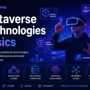 Metaverse Technologies Basics course visual with VR, AR, and digital world elements