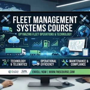 Modern educational image for Fleet Management Systems course with logistics and vehicle tracking visuals
