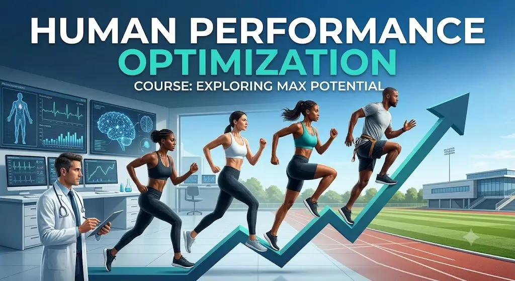 Modern educational image for Human Performance Optimization course with peak performance and resilience visuals