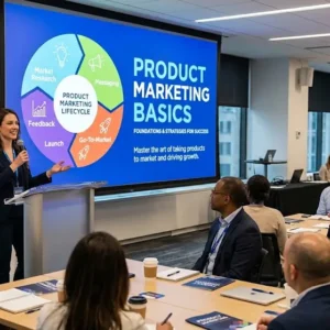 High-quality educational course image for Product Marketing Basics with product and marketing visuals.