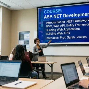 Modern educational image for ASP.NET Development course with server-side framework and enterprise web application visuals