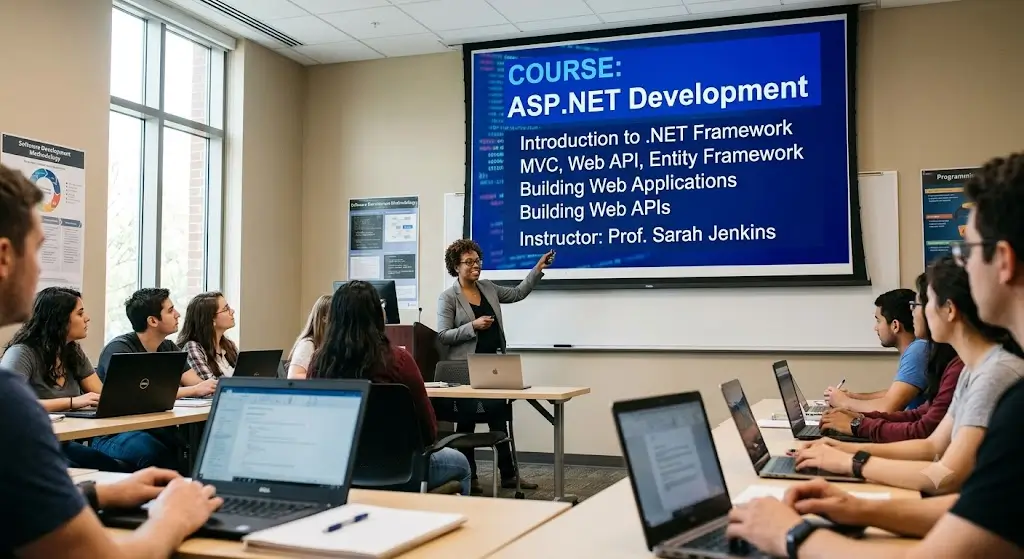 Modern educational image for ASP.NET Development course with server-side framework and enterprise web application visuals